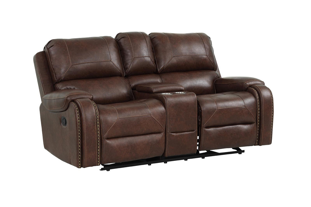 New Classic Furniture Taos Dual Recliner Glider Console Loveseat in Caramel