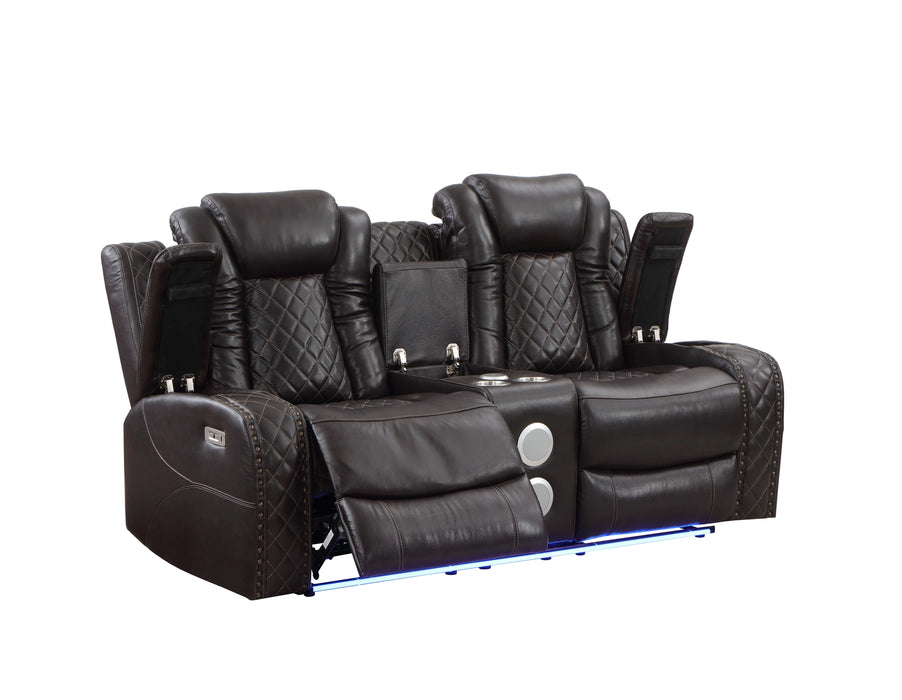 JOSHUA LEATHER CONSOLE LOVESEAT W/ PWR FR & HR-DK BROWN