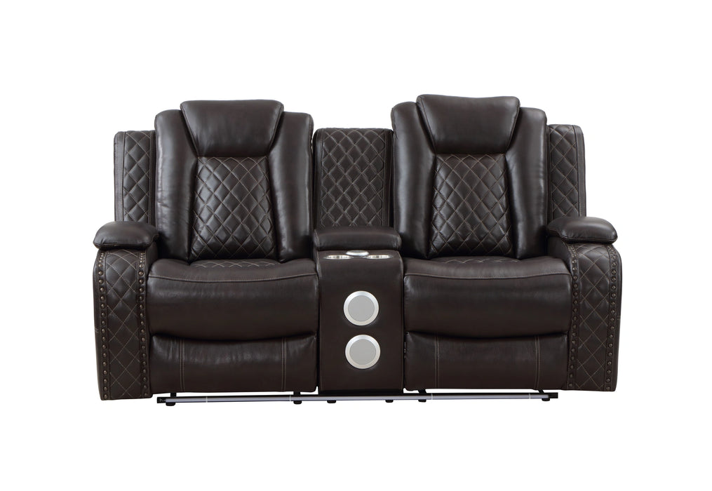 JOSHUA LEATHER CONSOLE LOVESEAT W/ PWR FR & HR-DK BROWN