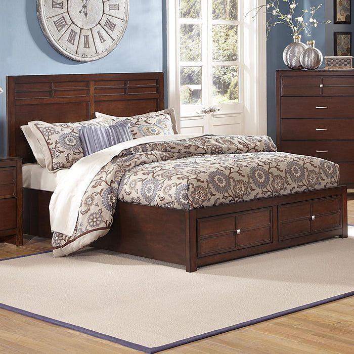 New Classic Kensington King Low Profile Bed with Storage Footboard in Burnished Cherry